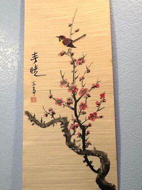 Asian Hand Painted Pink Blossom Scroll with Yellow-Headed Bird